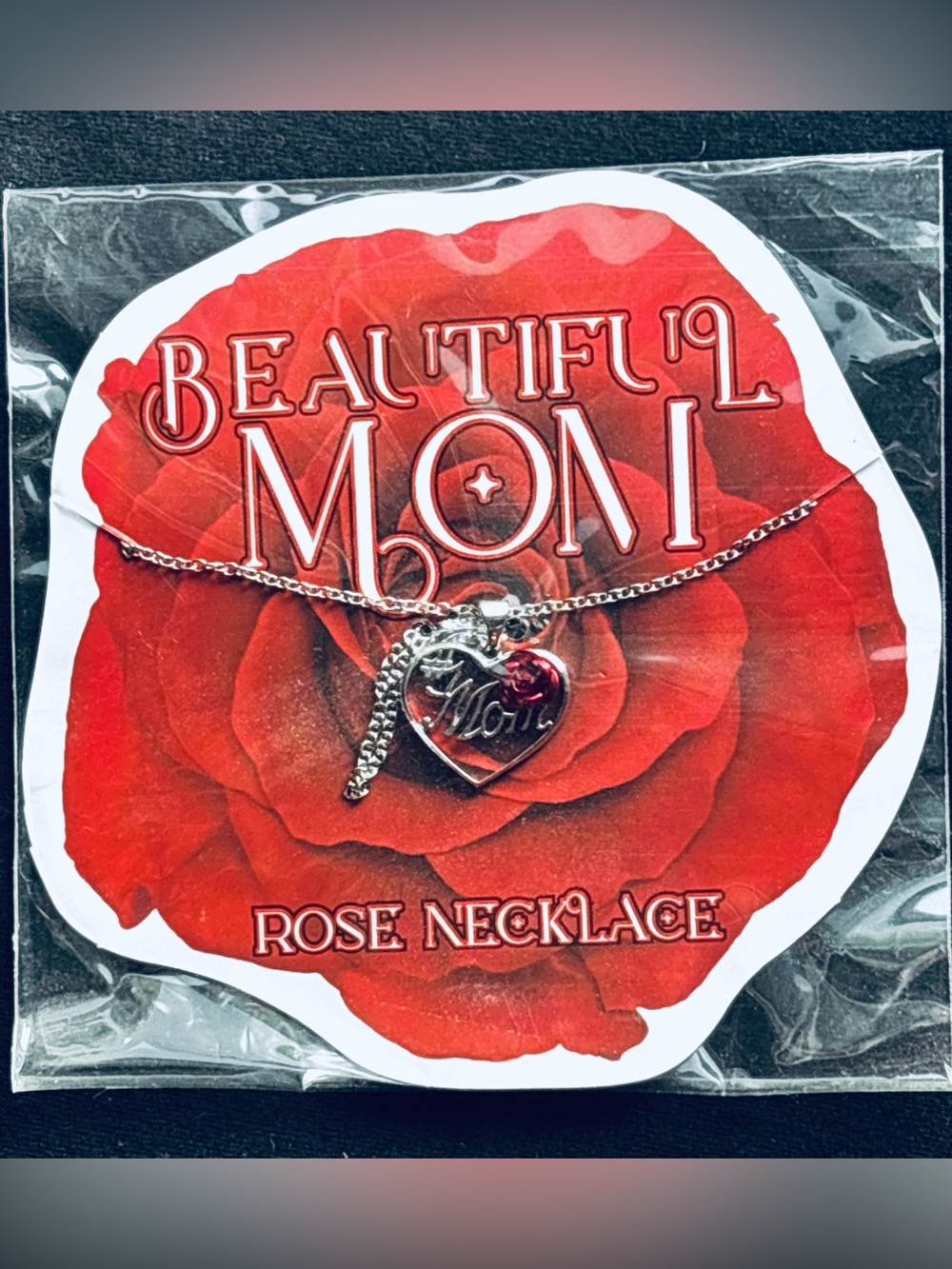 Mom Heart Rose Necklace - Silver & Red